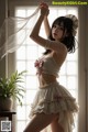 A woman in a white lingerie posing in front of a window.